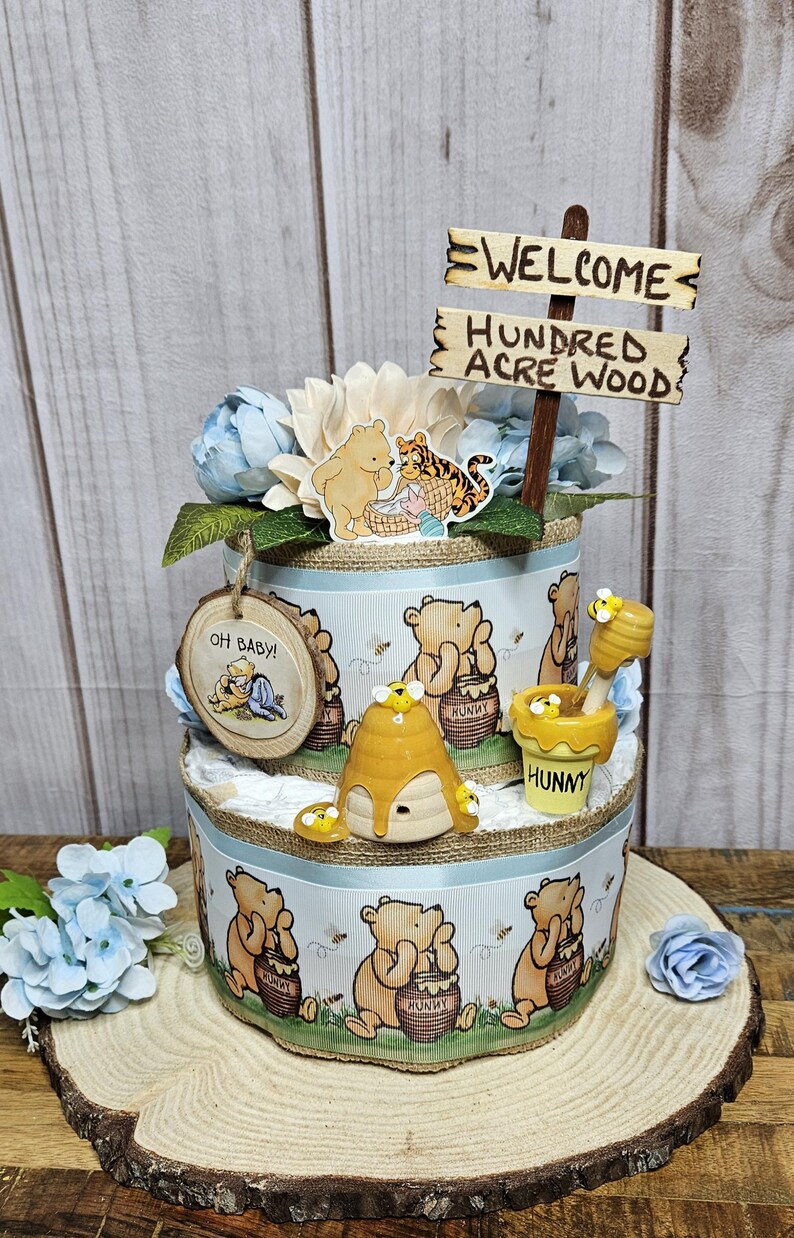 Winnie the Pooh 2 tier diaper cake centerpiece for Boy-Classic Winnie the Pooh Baby shower decor for boy-Pooh centerpiece-Vintage Pooh decor bild 4