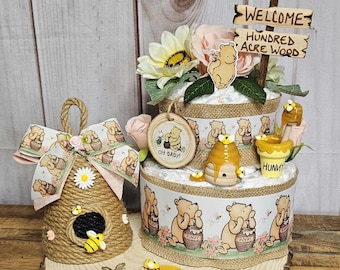 Winnie the Pooh 2 tier diaper cake or set for girls-Pooh centerpiece-Girl theme Classic Winnie the Pooh Baby shower decor-Pooh Baby girl