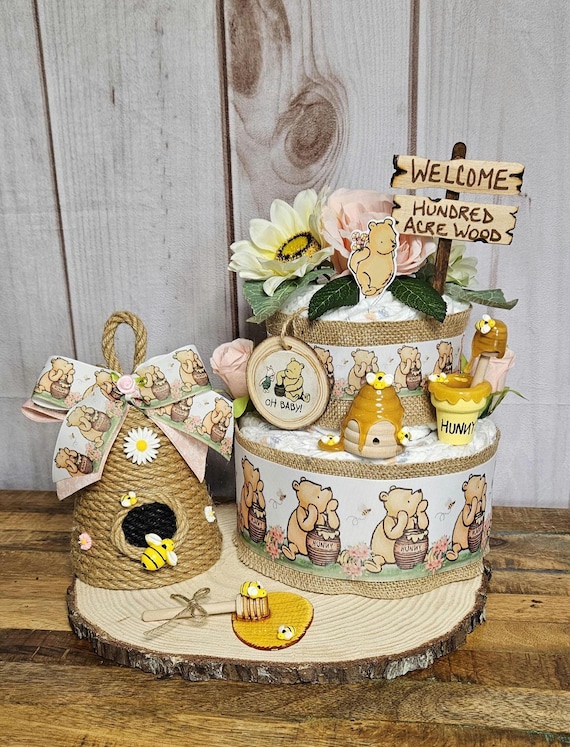 Winnie the Pooh 2 tier diaper cake or set for girls-Pooh centerpiece-Girl theme Classic Winnie the Pooh Baby shower decor-Pooh Baby girl