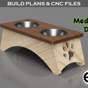 May include: Wooden dog bowl stand with two stainless steel bowls. The stand has a dark brown top and a light wood base with a paw print cutout. Text on the image says "Build Plans & CNC Files" and "For Medium Dogs".