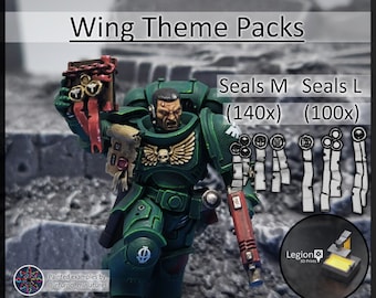 May include: A miniature green armored soldier figure holding a red book with chains and seals. Text reads: Wing Theme Packs, Seals M (140x), Seals L (100x), and Legion 3D Prints. The figure features a skull emblem on the chest and a red weapon.
