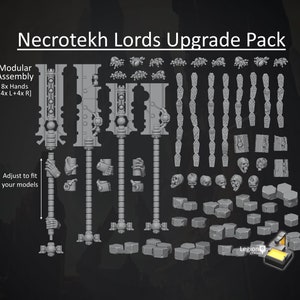 May include: A selection of grey plastic model parts for a Necrotekh Lords Upgrade Pack. The set includes modular assembly components, eight hands (4 left, 4 right), skulls, and other accessories. The text "Adjust to fit your models" is also present.