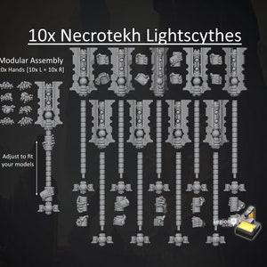Op de afbeelding: Een set van 10 Necrotekh Lightscythes voor miniaturen wargaming. De set bevat 20 handen, 10 links en 10 rechts, voor modulaire montage. De afbeelding toont de verschillende onderdelen van de lightscythes, inclusief de bladen, handvatten en handen.