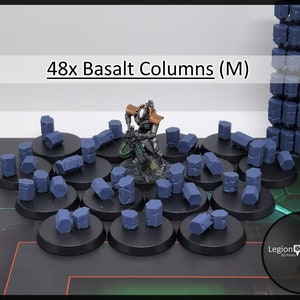 May include: 48x Basalt Columns (M) - A set of 48 blue resin columns, each on a black base, for use in tabletop gaming or miniature wargaming. The columns are arranged in a circle around a miniature figure.