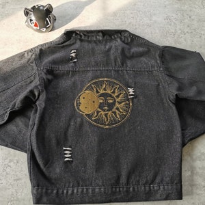 Black Denim Jacket Pagan Celestial Coat Sun Moon Gothic Classic Spooky Star Oversized Gold Astronomy Jean Astrological Alternative Jumper