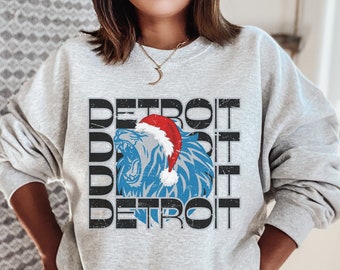 Detroit Football Vintage Distressed Sweatshirt, Detroit Santa Christmas Crewneck, Vintage Lions Fan Gift, Womens Retro Lions Shirt, Holiday