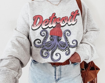Detroit Sweatshirt, Red Wings, Detroit Hockey Crewneck Sweatshirt, Detroit Red Wing Sweater, Hockey Shirt, Wings Apparel, Octopus Shirt