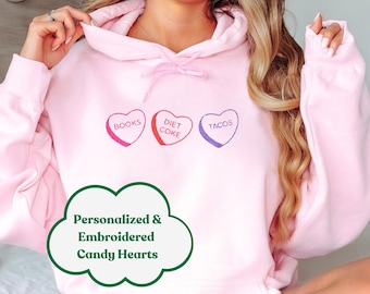 Sudadera bordada personalizada con corazón de caramelo para San Valentín: sudadera con capucha de San Valentín, suéter personalizado