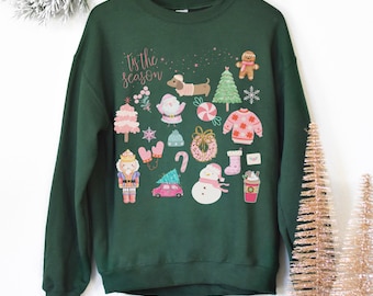 Retro Santa Christmas Sweatshirt: Pink Holiday Collage Crewneck