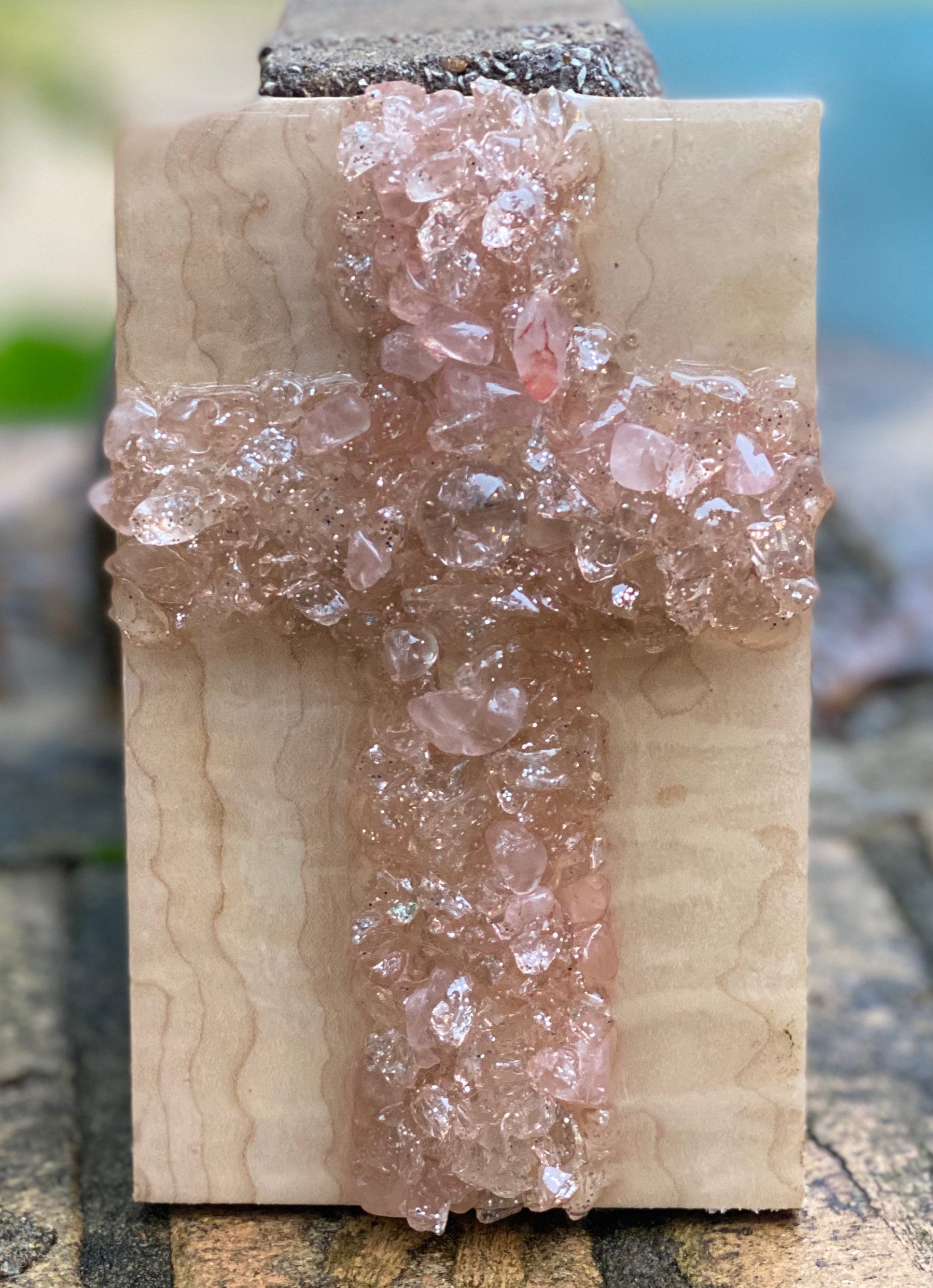 Custom Crushed Glass Cross on Curly Maple and Covered in Resin