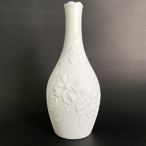 Kaiser Vase, Dogwood Flowers, Matte White Bisque Ceramic Vase, Signed Kaiser M. Frey