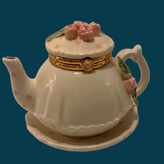 Vintage Mud Pie Teapot Trinket Box Pink Roses & P… - image 3