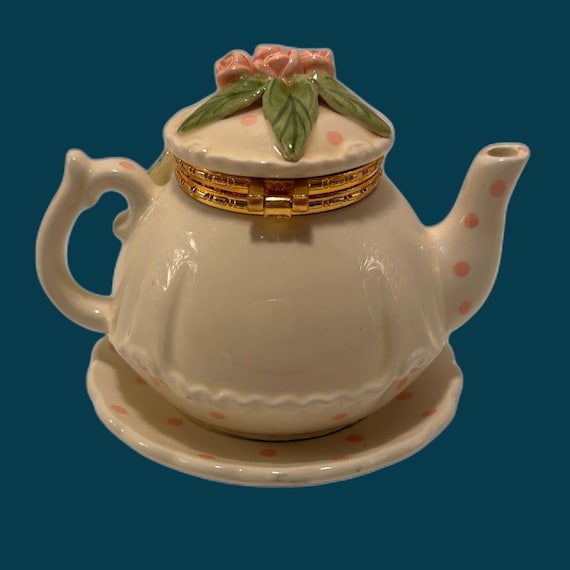 Vintage Mud Pie Teapot Trinket Box Pink Roses & P… - image 5