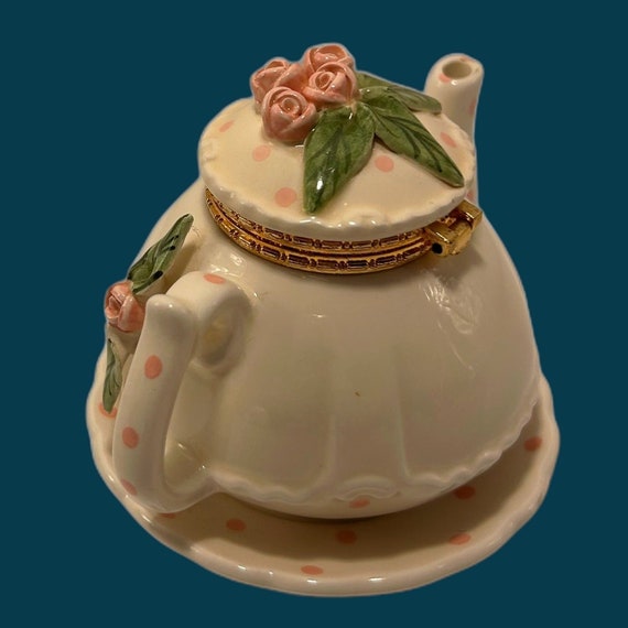 Vintage Mud Pie Teapot Trinket Box Pink Roses & P… - image 1