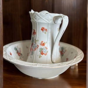 1930s Pitcher & Bowl Burgess and Leigh England Burleigh Ware Floral Design 17”