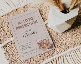 Whisky verjaardagsuitnodiging | Uitnodiging tot in de perfectie voor mannen | Moderne minimalistische 5 x 7 canvassjabloon | Uitnodiging whiskyfeestje