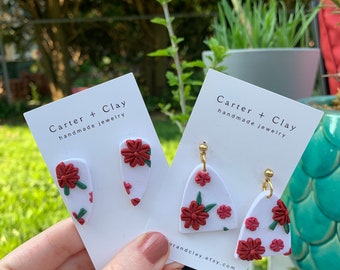 Red floral earrings | Handsculpted polymer clay