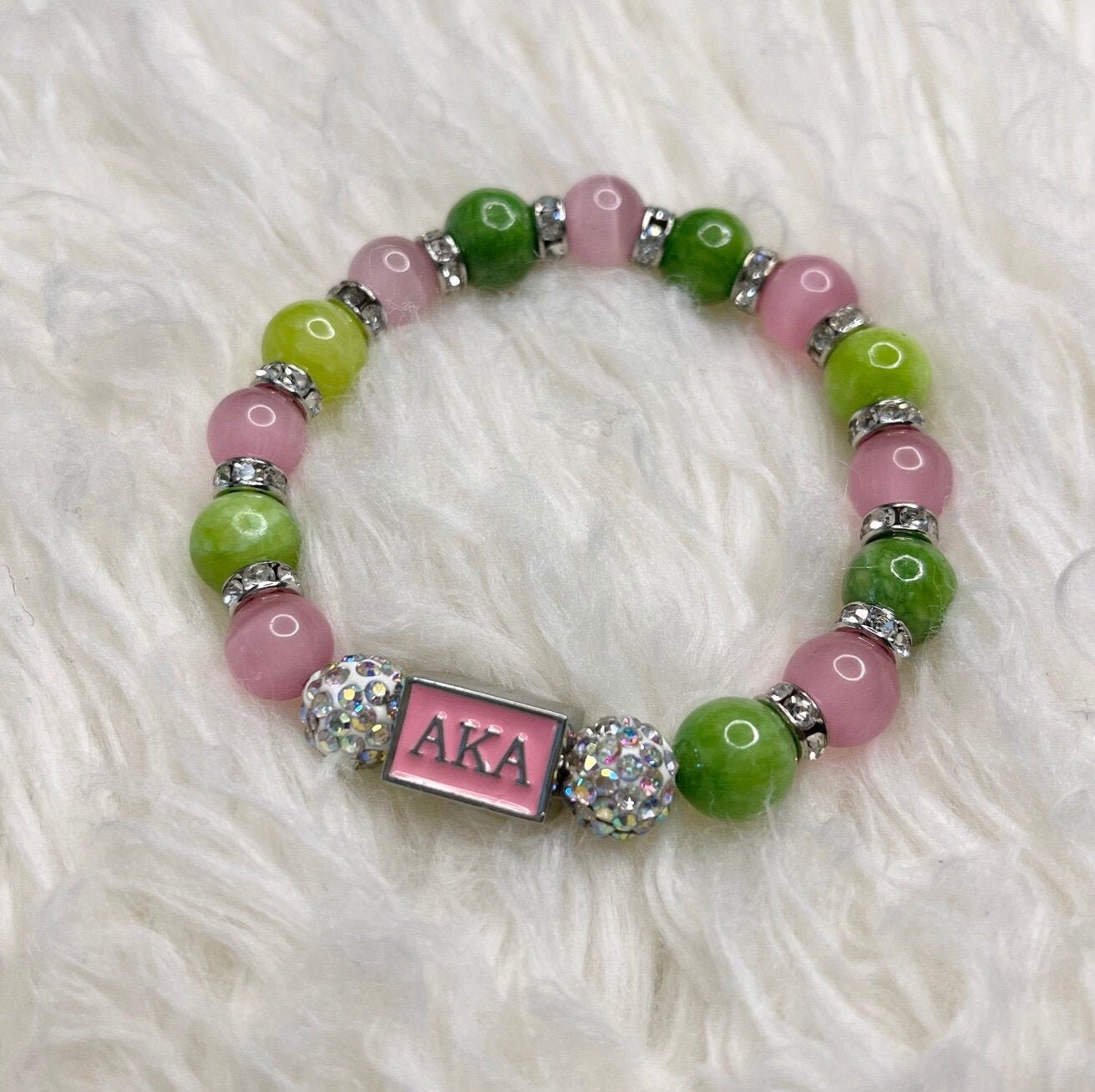 AKA Greek Sorority Charm Bracelet Pink & Green Rhinestone Etsy