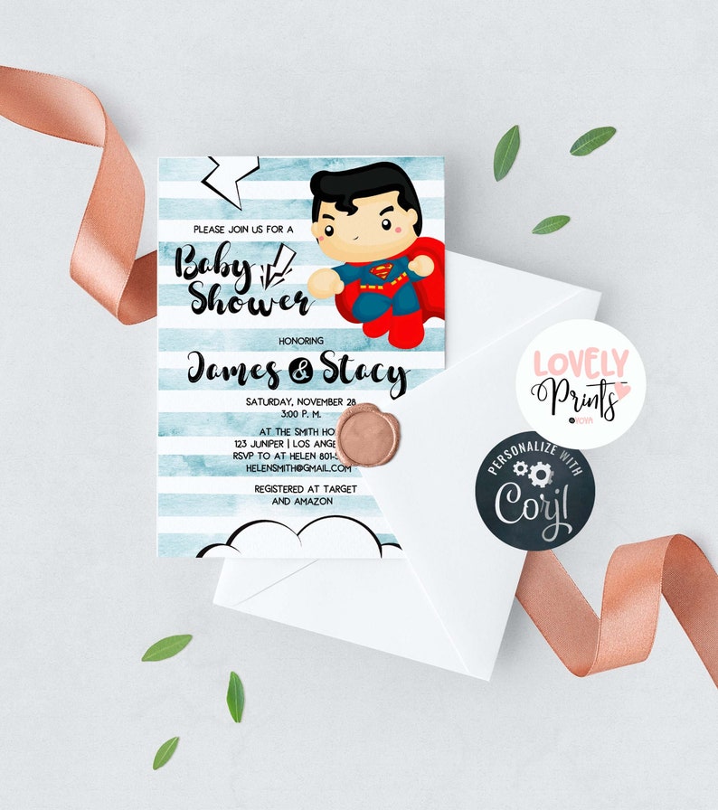 printable card baby shower superman shower printable party baby shower Marvel superhero baby shower invititation supplies shower prints