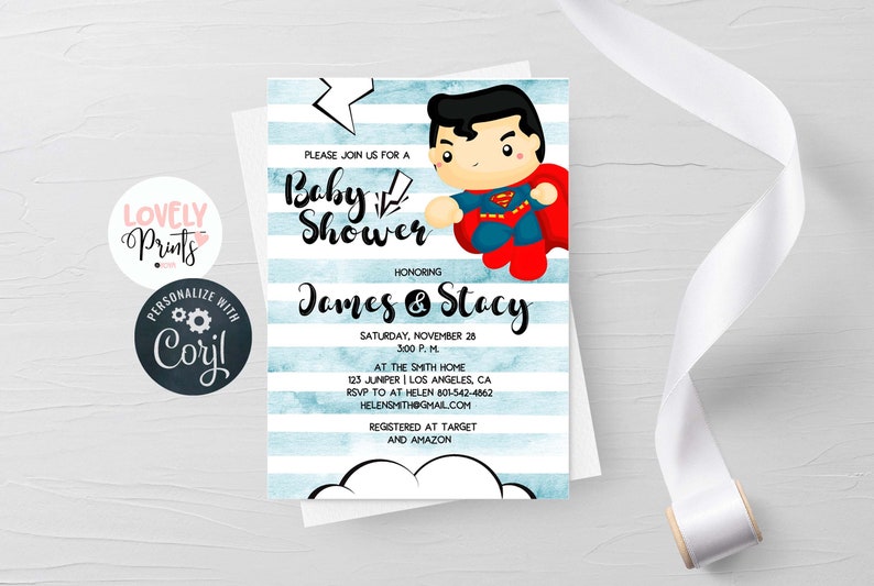 printable card baby shower superman shower printable party baby shower Marvel superhero baby shower invititation supplies shower prints