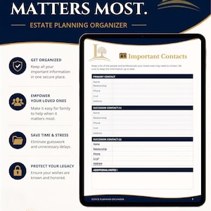 May include: A dark blue estate planning organizer document featuring the text BE PREPARED. PROTECT WHAT MATTERS MOST. The page displays an Important Contacts form with fields for primary and successor contacts, plus icons for organization and legacy.