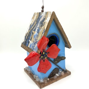 Gem of the Garden Birdhouse, Hand painted birdhouse, garden art, Flower gift, birdhouse art, Metal Art, Garden Gift, Blue Birdhouse, Flower