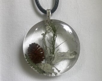 Pine cone and lichen pendant