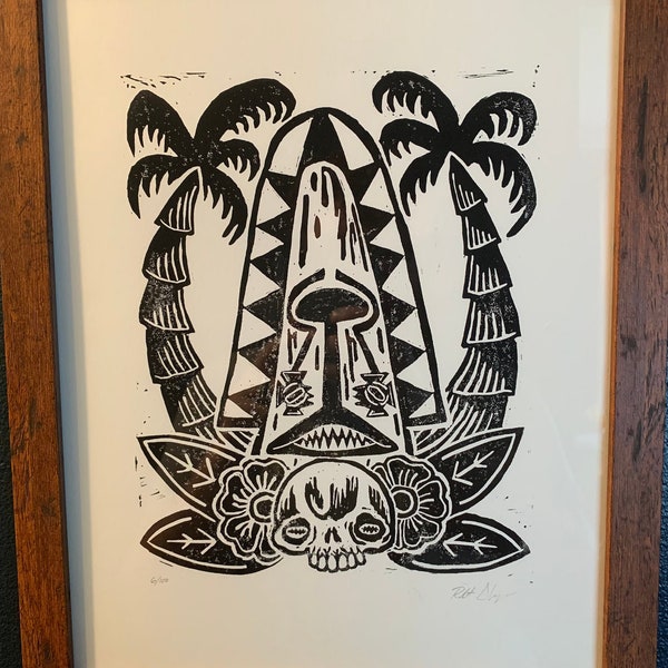 Papa New Guinea Sawfish Mask and Trophy Skull Linocut Print