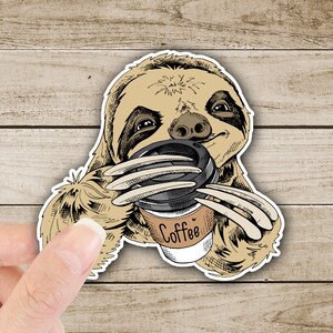 Coffee Sloth Vinyl Sticker, Coffee Decal Matte Sticker, Sloth Sticker, Waterproof
