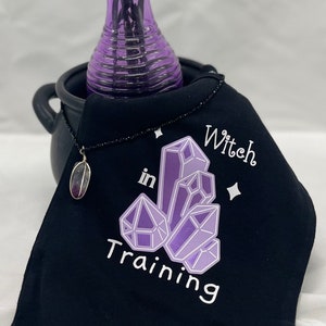 May include: Black t-shirt with a purple crystal graphic and the text "Witch in Training".