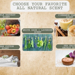 May include: A collage of six images showcasing different natural scents. The images include a basket of red apples, a glass of cinnamon vanilla drink, a bunch of dried herbs, a stack of white towels, a bowl of sea salt and a purple orchid.
