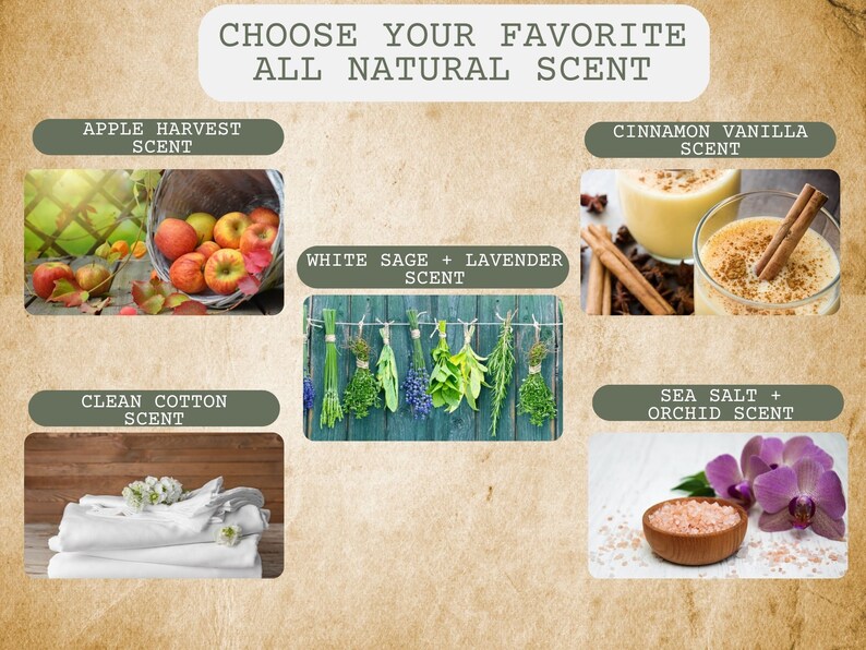 May include: A collage of six images showcasing different natural scents. The images include a basket of red apples, a glass of cinnamon vanilla drink, a bunch of dried herbs, a stack of white towels, a bowl of sea salt and a purple orchid.