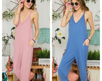 Women's Casual V Neck V-Neck Solid Loose Fit Side Pockets Racer Back Side Pockets Jumpsuit Spring Jumpsuit Summer Jumpsuit One Piece