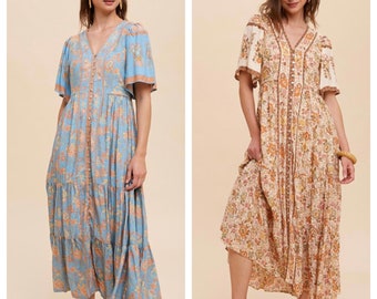 Women's Boho Bohemian Border Print Floral Short Sleeve Babydoll Midi Dress Spring Dress Summer Dress