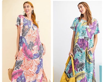 Women's Boho Bohemian Tropical Floral Flower Terry Knit Short Sleeve Loose Fit Oversize Long Maxi Dress Spring Dress Summer Dress