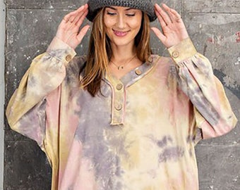 Women's Tie Dye Multi Color Button Front V-Neck Loose Relaxed Fit Bubble Puff Sleeve Henley Tunic Top Spring Summer Fall Winter