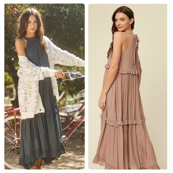 Women's Solid Textured Woven Sleeveless Halter Neck Ruffle Loose Fit Maxi Dress Spring Dress Summer Dress