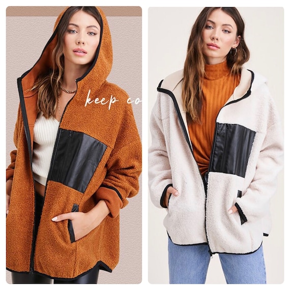 Women's Solid Ultra Soft Fleece Faux Fur Leather Trim Zip up Zipper With  Front Pocket Hoodie Oversize Loose Fit Jacket Outerwear Fall Winter 