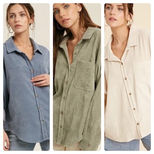 Women's Corduroy Front Pocket Button Down Collar Shirt Side Slit Fall Winter Spring Summer Outerwear Jacket Loose Fit Oversized