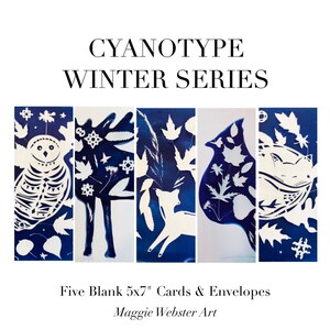 Serie de tarjetas de felicitación de invierno en cianotipia