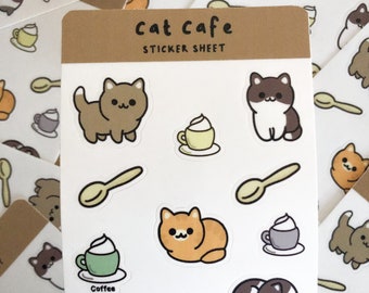 Cute Cat Cafe Sticker Sheet, planner stickers, bullet journal stickers, scrapbook stickers, kawaii cat stickers, crafting stickers