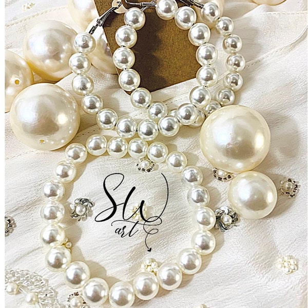 Pearl Hoop Earring and Bracelet Set\ Chunky Pearl Imitation Pearl Hoop Earring and Bracelet\ Pearl Earring and Bracelet Set\