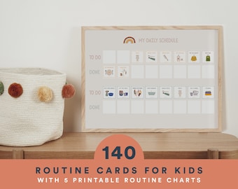 May include: A printable daily schedule chart for kids with 140 routine cards. The chart has a rainbow design and the text "My Daily Schedule". The cards feature illustrations of common daily activities like getting dressed, eating, and brushing teeth.