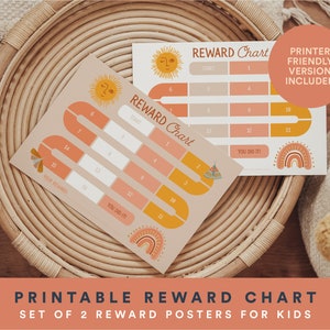May include: Two printable reward charts for kids with a boho design. The charts feature a sun, rainbow, and butterfly illustrations. The text on the charts reads "Reward Chart", "Start", "You Did It!", and "Your Reward". The charts are peach, orange, and white.