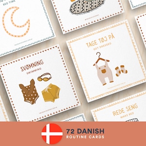 Dansk rutinschema, rutinchecklista, rutinkort, daglig rytm, daglig rutin för småbarn, tvåspråkig utskrivbar, danska engelska