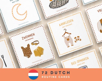 May include: A set of 72 Dutch routine cards with colorful illustrations and text. The cards feature activities like swimming, getting dressed, and making the bed. The cards are designed to help children learn about daily routines.
