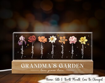 Grandma's Garden Birth Month Flower Personalized LED Night Light, Mother's Day Gift For Grandma Mom, Custom Birth Month Flower Night Light