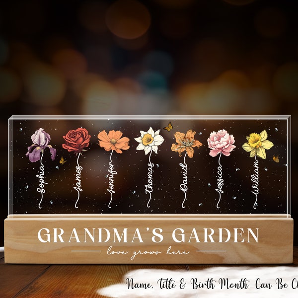 Grandma's Garden Birth Month Flower Personalized LED Night Light, Mother's Day Gift For Grandma Mom, Custom Birth Month Flower Night Light