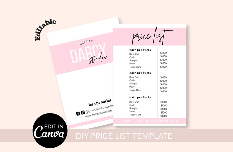 Price List Template Pink White Price List Template Beauty Etsy