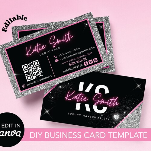 Editable Pink Dripping Glitter Stylish Business Card Template Etsy